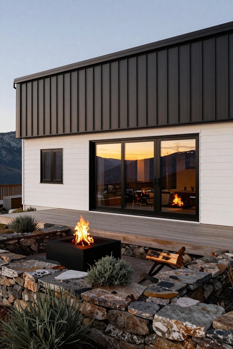 House exterior featuring black corrugated metal roof and upper wall, white shiplap siding on lower wall, large black-framed sliding glass doors to wooden deck with black fire pit, stone retaining walls, plants, and mountain view at sunset.