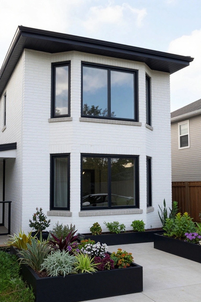 White brick house with black trim, large black-framed windows, and oversized black rectangular planters filled with succulents and plants along a concrete driveway.