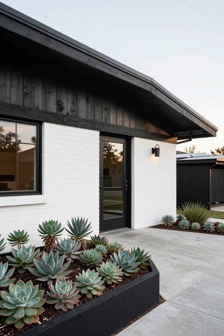 White brick house wall with black-framed glass door and window under a black wood gable roof overhang, flanked by a large rectangular black planter box filled with agave succulents along a concrete pathway.