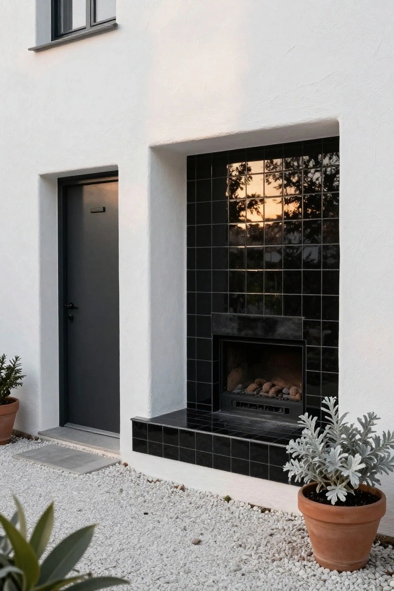 White stucco house wall with a tall black tiled outdoor fireplace next to a gray door, potted plants on gravel ground in front.