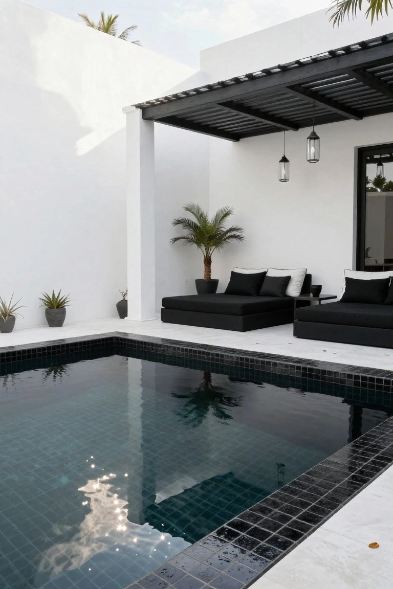 Rectangular infinity-edge pool with black mosaic tiles and water reflections, set into white stone deck with black-trimmed edges, flanked by two black daybeds with white pillows, potted palms, and black pergola with hanging lanterns against white walls.