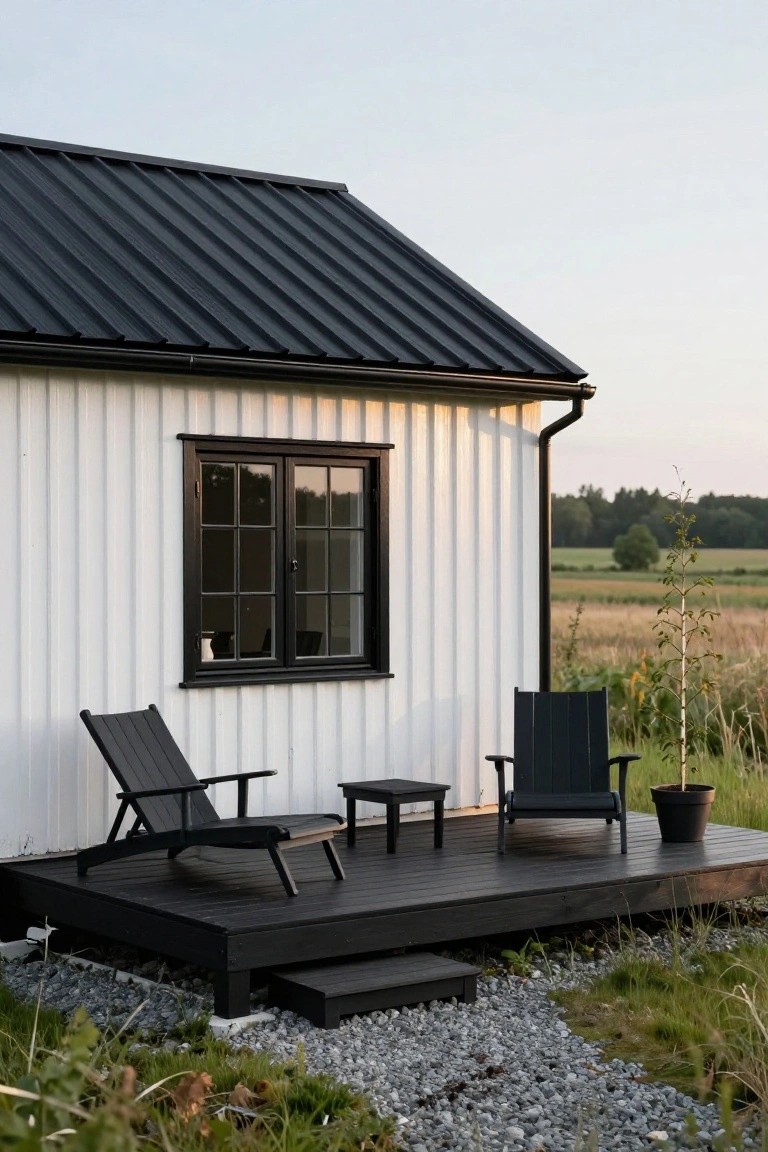 White vertical board-and-batten house with black metal roof and black-framed window beside a protruding black wooden deck holding two black lounge chairs, a small black table, and a potted plant, with gravel ground and grassy field in background.