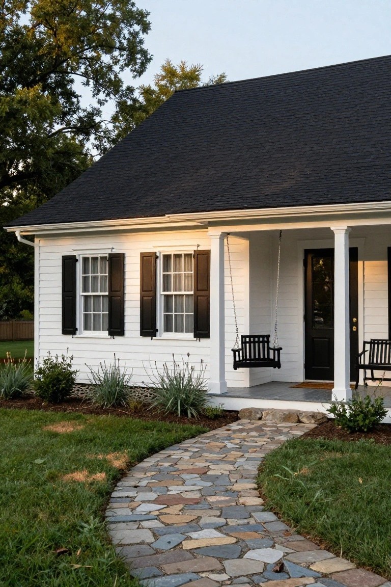 White clapboard house with black shingle roof, black shutters, black front door, hanging black porch swing, and two black chairs on a covered porch with white columns, stone pathway leading from grass yard to porch steps.