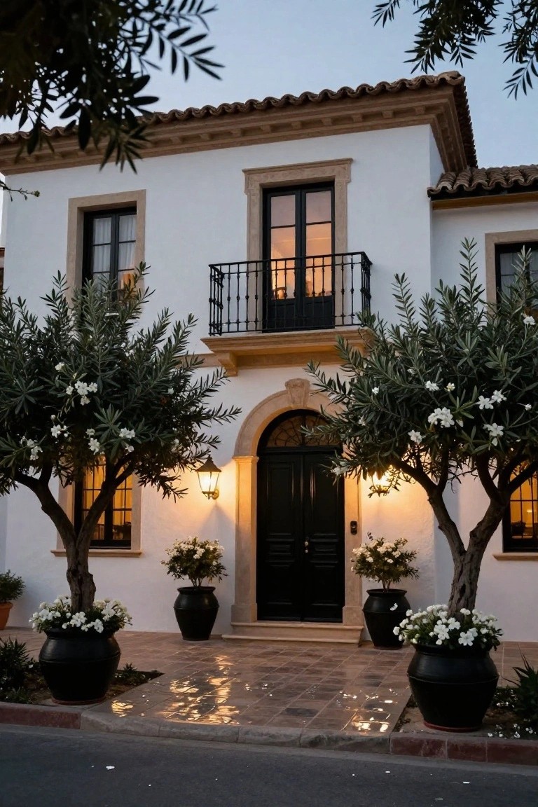 White stucco house exterior with black front door and windows, flanked by two large olive trees in black pots, illuminated by wall lanterns on a tiled pathway at dusk.