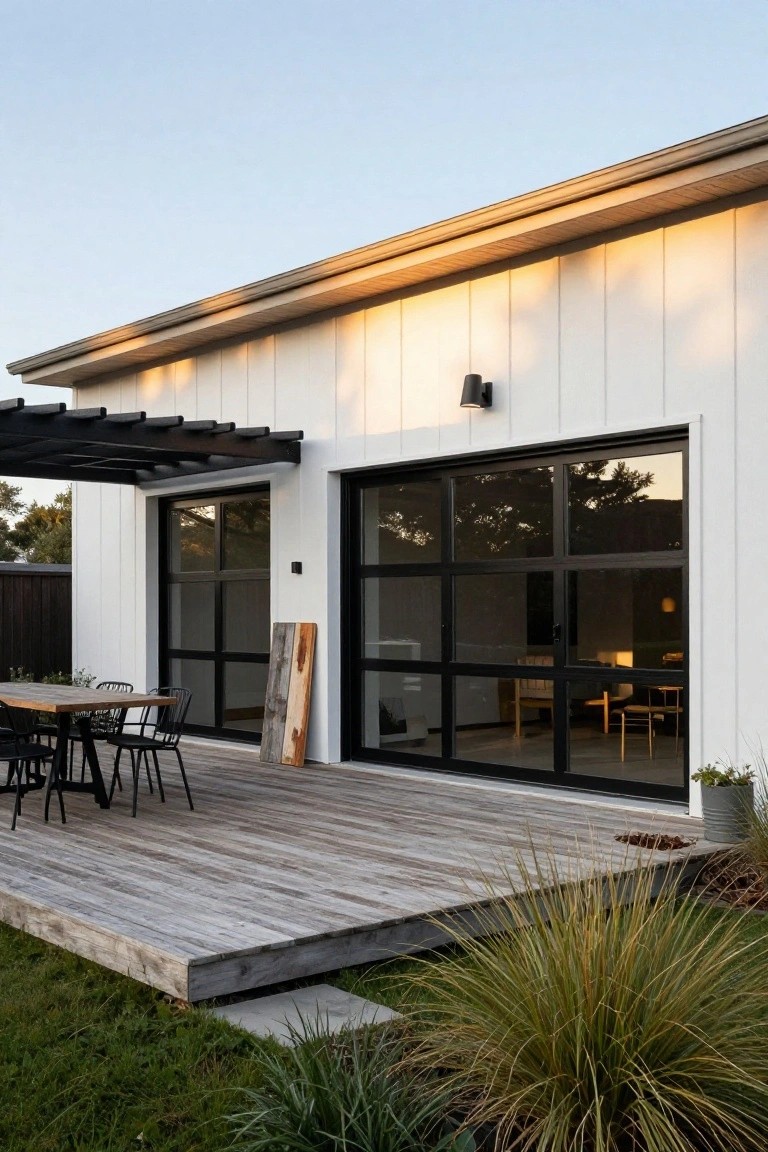 White house with black-framed sliding glass doors opening to a wooden deck under a black pergola, outdoor table and chairs on deck, grasses and lawn nearby.