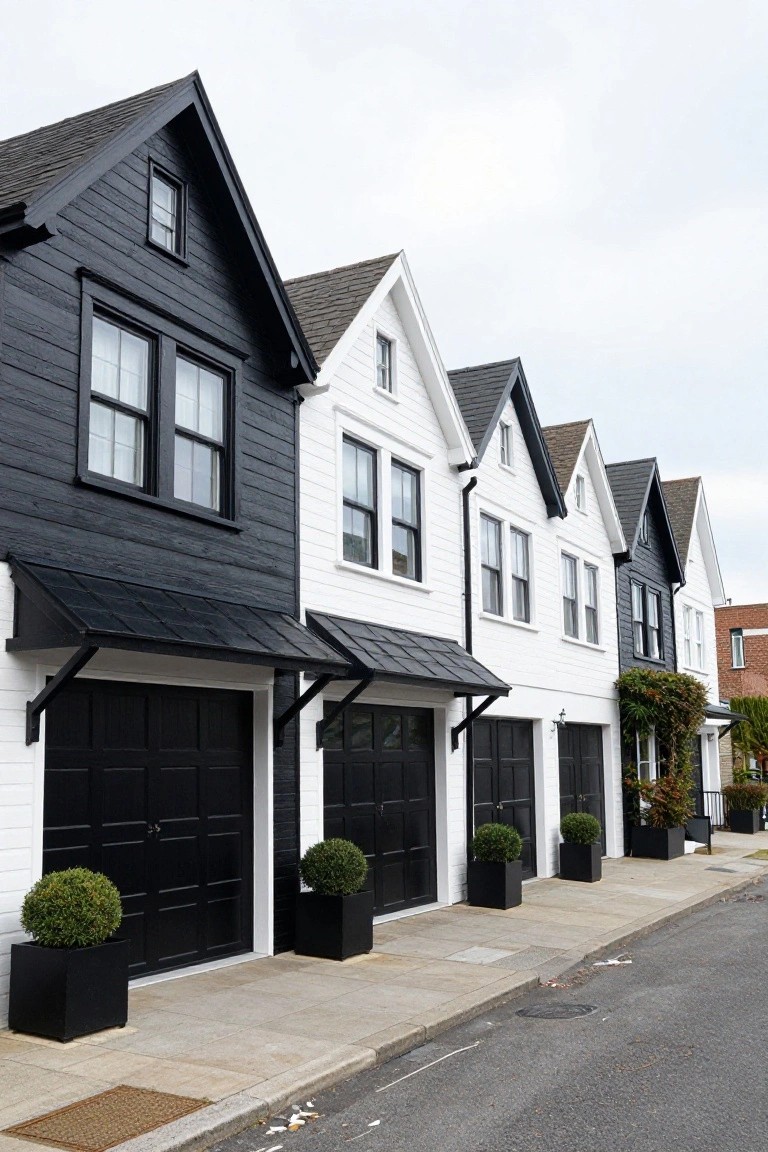 Row of four gabled townhouses with black and white clapboard siding, black garage doors under metal awnings, and black square planters with round boxwood shrubs along a sidewalk and street.
