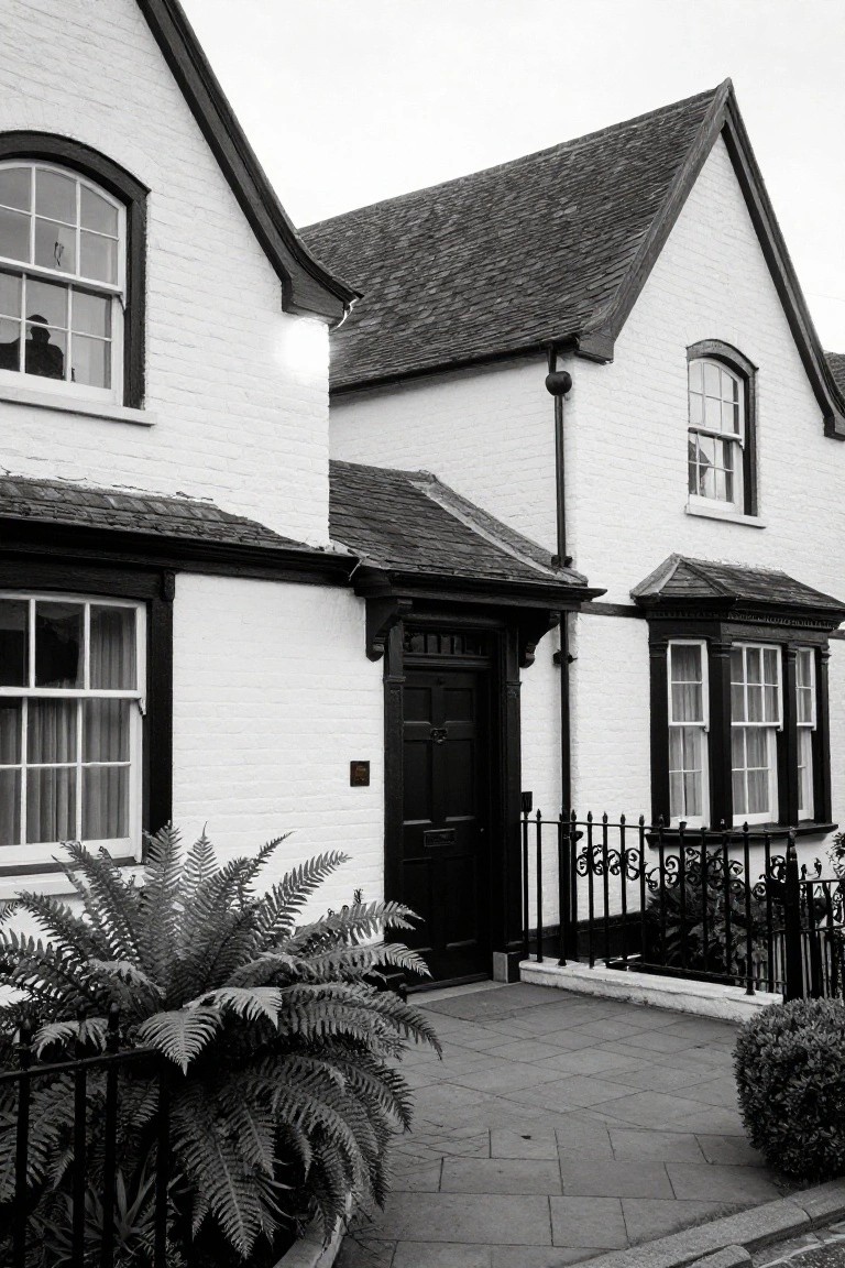 Black and white photo of a white brick house exterior with black wooden front door, trim, arched windows, slate roof, small porch with railing, ferns in a planter, and paved path.