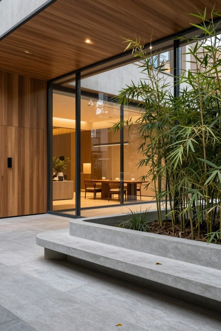 Modern house entry with vertical wood cladding on walls, large frameless glass doors showing interior dining table and chairs, curved concrete bench, rectangular concrete planter filled with tall bamboo stalks, and gray stone pavers.