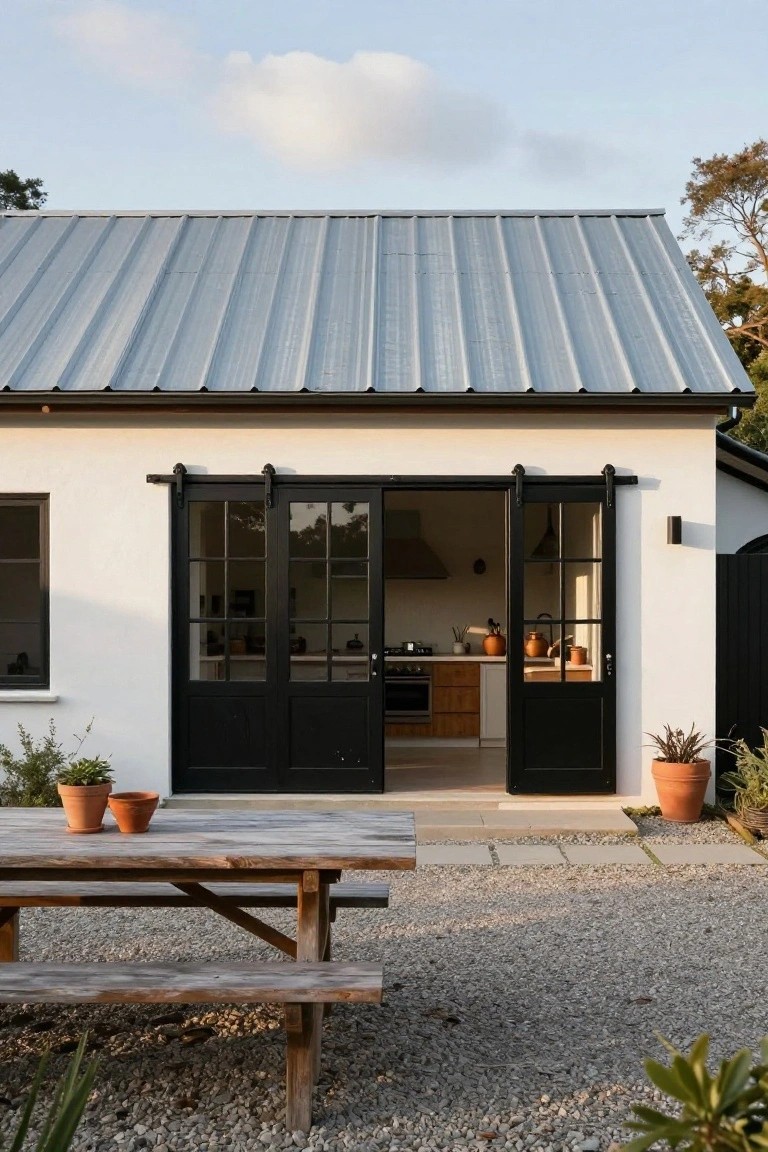 White stucco house exterior with large open black sliding glass barn doors revealing an indoor kitchen, wooden picnic table and benches on gravel patio, potted plants, metal roof, and trees nearby.
