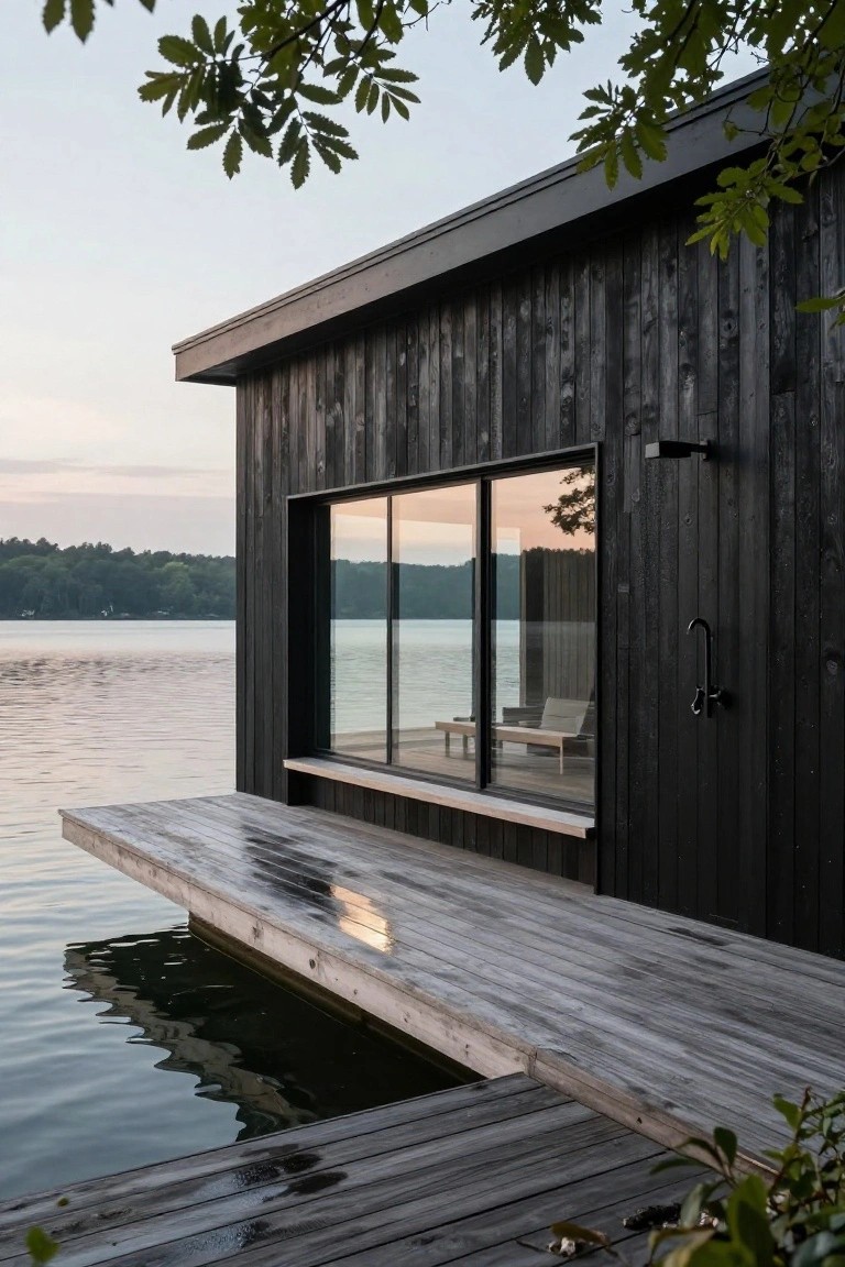 Black wooden cabin on a wooden pier extending over a lake, with large floor-to-ceiling glass windows, interior furniture visible, an outdoor shower fixture on the exterior wall, and surrounding trees and water.