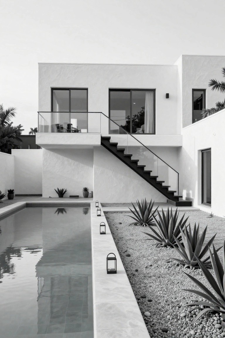 Modern white villa with outdoor pool, floating staircase, and gravel garden.