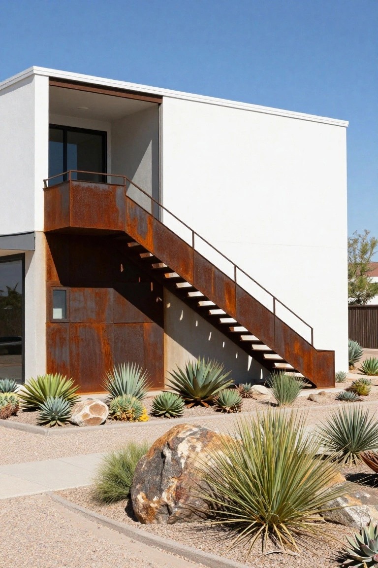 White stucco modern house with rusted metal open staircase leading to an upper balcony, fronted by gravel yard with agave plants and boulders.