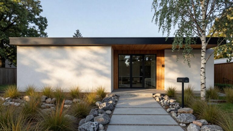 White stucco modern house with cedar wood upper cladding and black trim, large glass entry door, gray concrete slab pathway set into white gravel bordered by tall ornamental grasses and a metal mailbox.