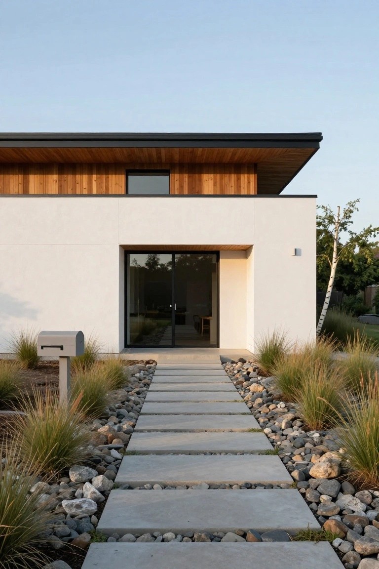 White stucco modern house with cedar wood upper cladding and black trim, large glass entry door, gray concrete slab pathway set into white gravel bordered by tall ornamental grasses and a metal mailbox.