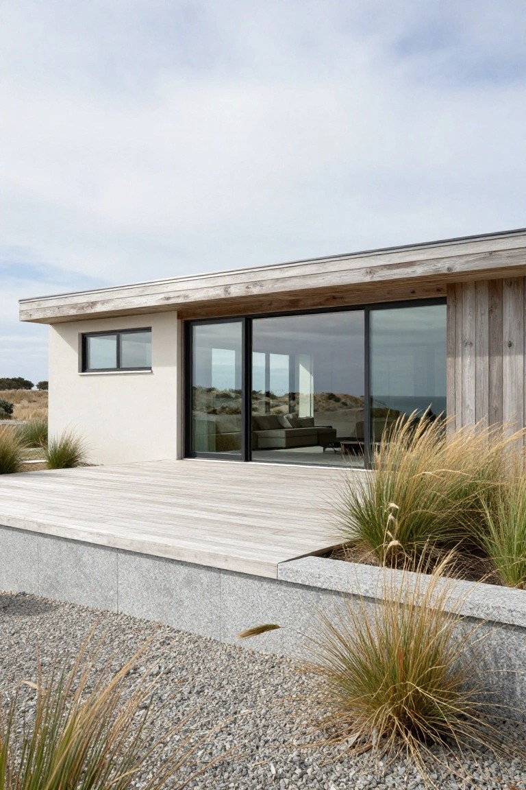 Modern single-story house with white stucco walls, vertical wood cladding, large sliding glass doors to a protruding wooden deck, surrounded by gravel ground cover and clusters of tall ornamental grasses on a coastal dune site.