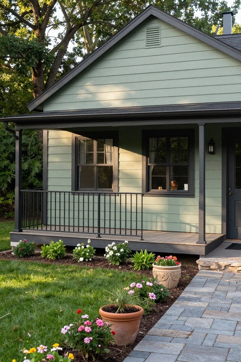 Sage green clapboard house with black frames on double-hung windows, black porch railings and posts, dark front door, potted plants in landscaping beds, and gray stone pathway to entry.