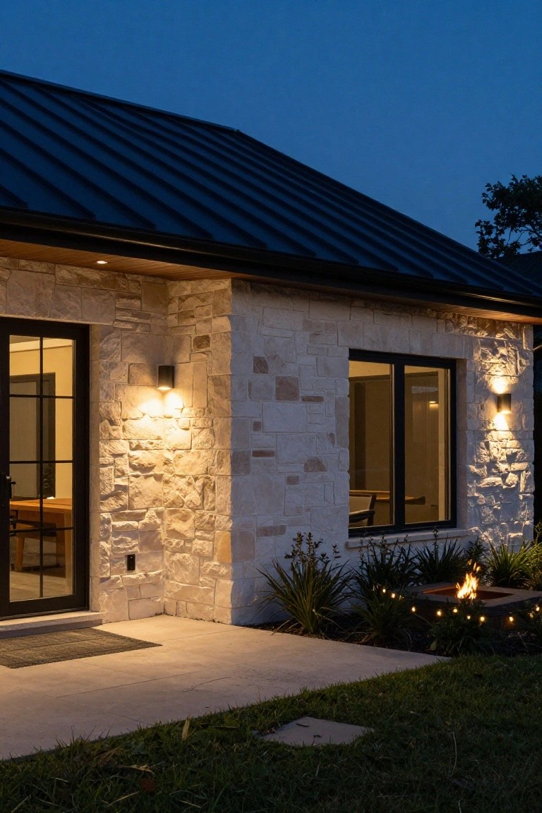 Dusk photo of a modern house exterior with light stone walls, black metal roof, black-framed glass entry door and window, wall sconces, potted plants inside, landscaped agaves with string lights, a lit black rectangular fire pit, and concrete pavers leading to grass.