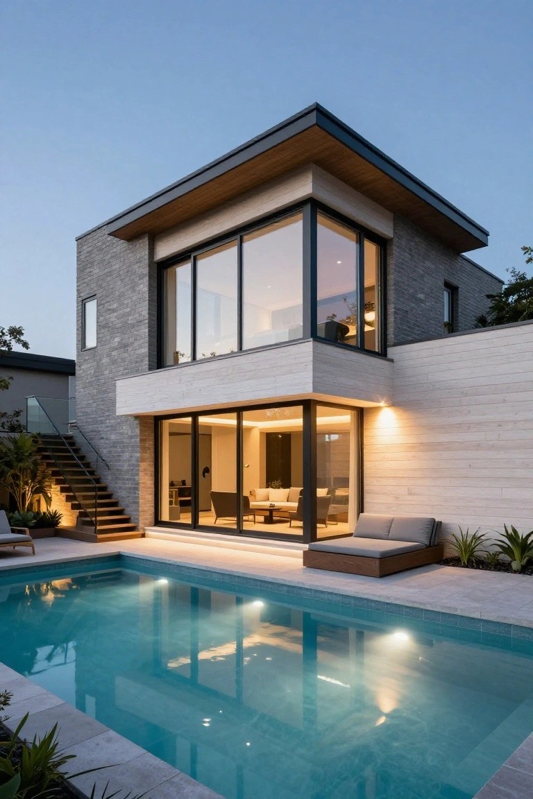 Corner view of a two-story modern house with gray brick and light cedar cladding, large floor-to-ceiling glass doors and windows opening to a rectangular lit pool, wooden daybed loungers, steps, and plants on a deck at dusk.