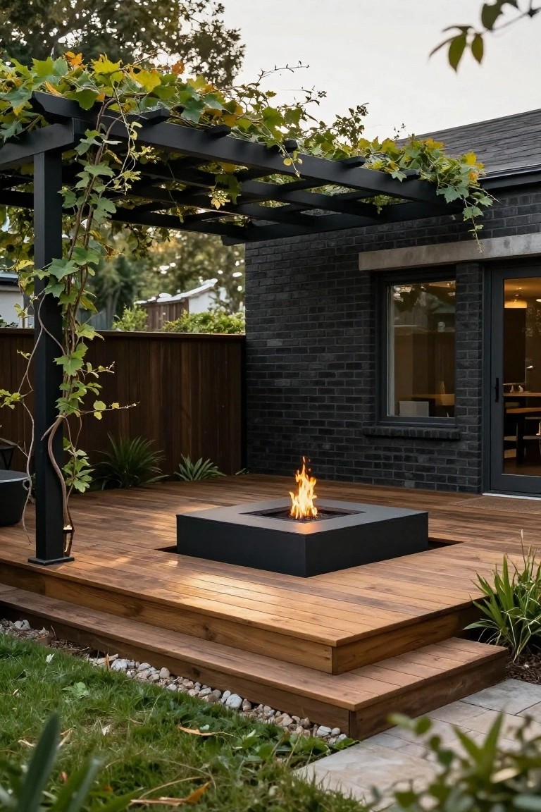Raised wooden deck in a backyard with a central black square fire pit burning, black metal pergola overhead covered in green vines, adjacent black brick house wall with glass door and window, plants and grass around the edges.