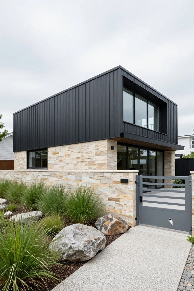 Contemporary house exterior with black corrugated metal cladding on upper walls, beige sandstone base walls, large glass windows, grey metal gate, grasses, boulders, and concrete pathway in front yard.