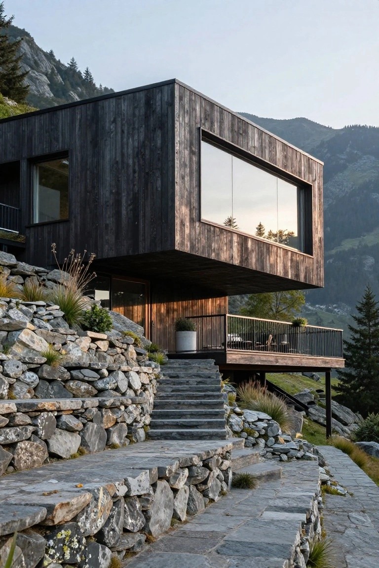 Modern rectangular house with dark wood siding perched on a rocky mountainside, featuring dry-stacked stone retaining walls, flagstone steps leading to an entry balcony, grasses and plants along the slope, and evergreen trees and peaks in the background.