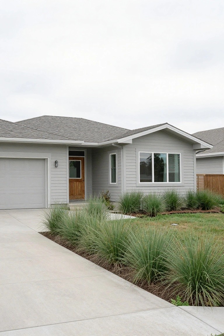Gray sided house with gabled roof, attached garage, wooden front door, large front windows, and tall ornamental grasses planted along the edge of the concrete driveway next to a lawn.