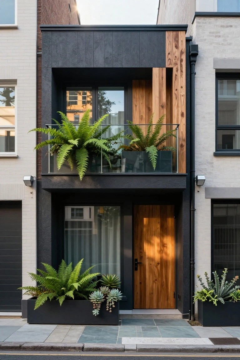 Narrow three-story modern townhouse with black textured panels, vertical cedar wood cladding on the right side and balcony, wooden front door, glass balcony railing holding potted ferns, large black planters with ferns and succulents flanking the entrance, between two traditional white brick buildings on a paved street.