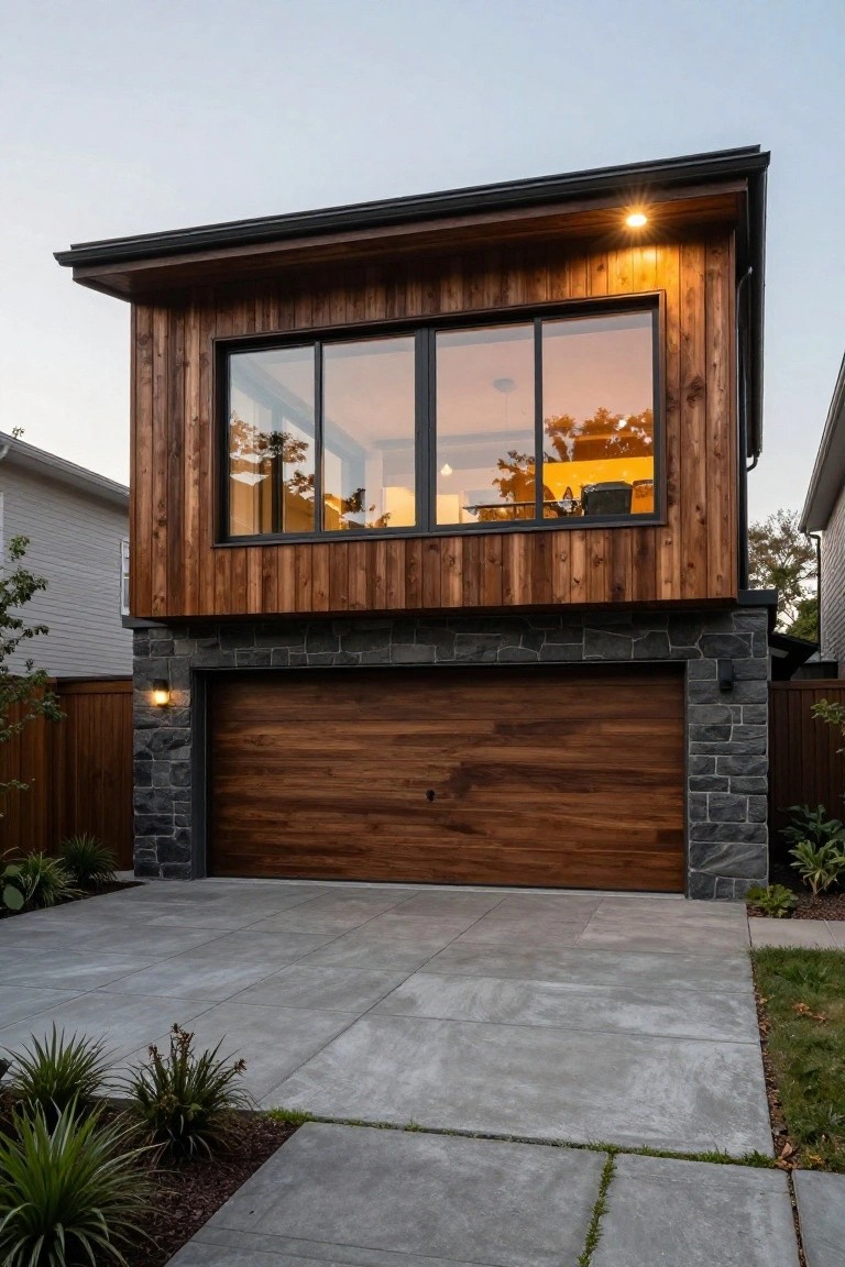 Modern two-story home with wood siding, stone base, and wooden garage door.