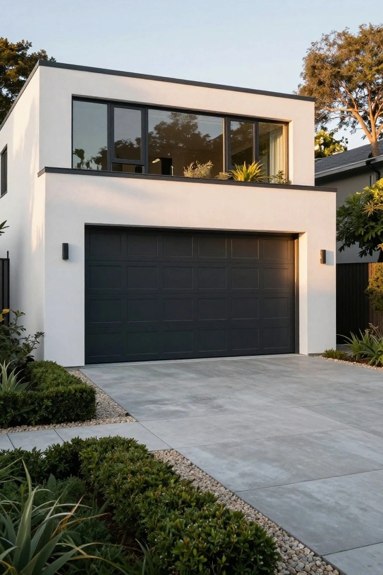 Modern two-story house with white stucco walls, black garage door, black-framed large windows on the upper level, concrete driveway, and landscaped borders of agave plants, boxwood shrubs, and pebbles.