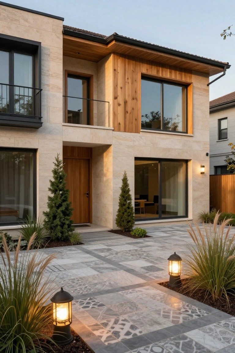 Modern two-story house exterior with beige stone walls, vertical wood cladding accents, large glass windows, wooden front door flanked by small pine trees, gray patterned tile pathway, and black lantern lights.