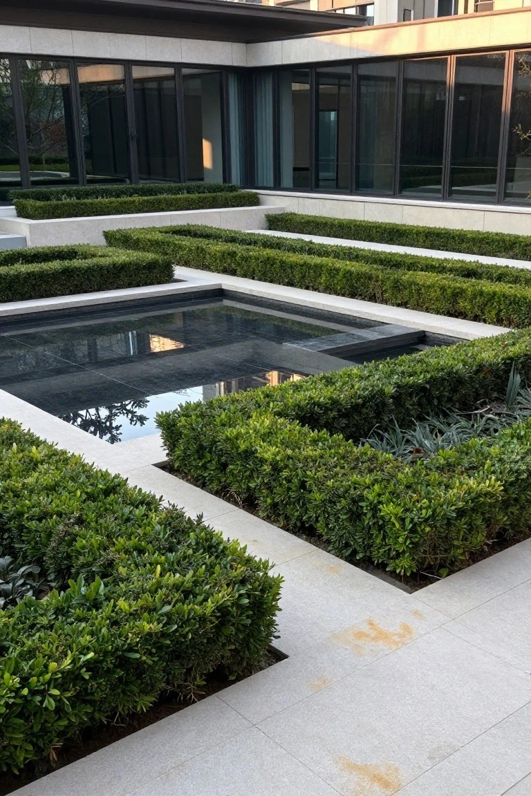 Modern courtyard with symmetrical clipped boxwood hedges forming geometric patterns around a rectangular black reflecting pool, bordered by light stone paving and adjacent to a glass-walled house facade.