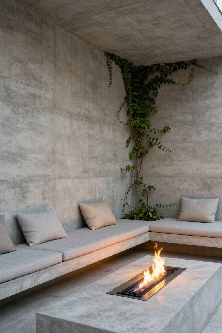 L-shaped concrete bench seating with beige cushions surrounding a linear gas fire pit, ivy climbing a concrete wall in a modern outdoor space.
