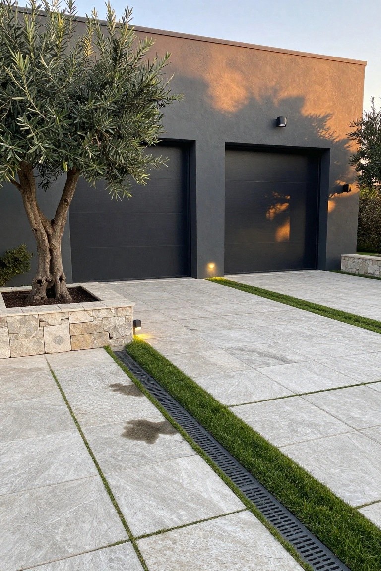 Modern double garage with black doors and gray walls, olive tree in raised stone planter box, large gray porcelain tile driveway separated by linear grass strip and grated drainage channel.