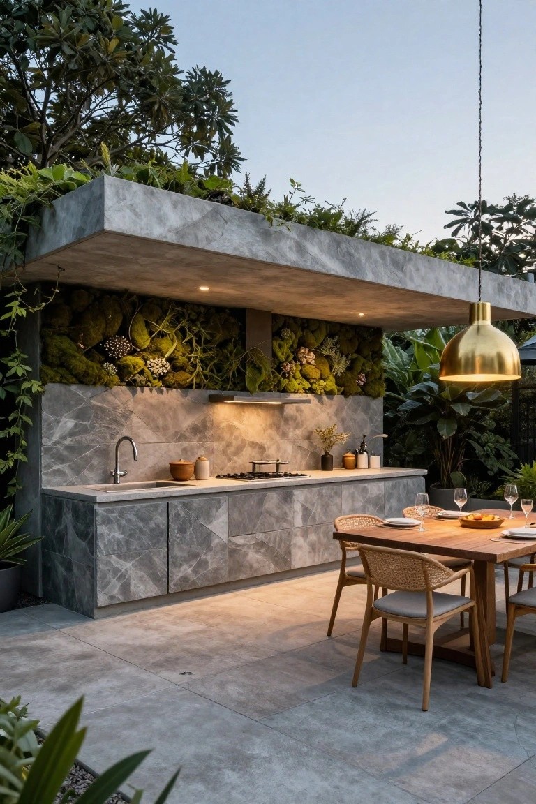 Modern outdoor kitchen with gray marbled concrete counters, sink, gas burners, and cabinets against a tall lush green moss wall, gold pendant light overhead, wooden dining table nearby on concrete patio amid tropical plants.