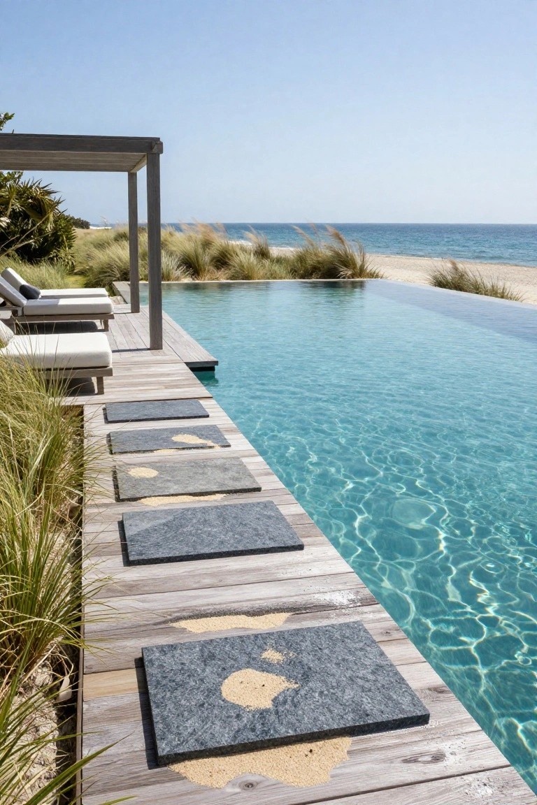 Luxury infinity pool overlooking ocean with lounge chairs on wooden deck.