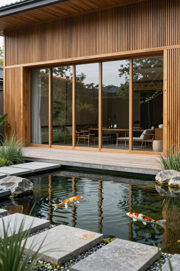 Wooden modern house with vertical slat facade and large sliding glass doors opening onto a deck next to a koi pond containing orange and white koi fish, with gray stepping stones across it and ornamental grasses nearby.