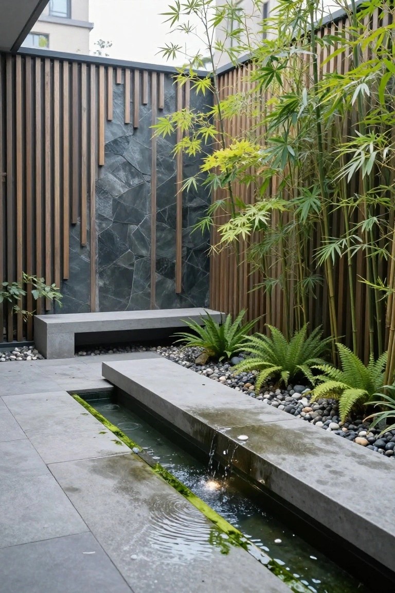 Narrow concrete water channel in gray stone patio floor with flowing water, small fountain bubbles, and underwater light, surrounded by pebbles, ferns, bamboo plants, wooden slat fence, slate wall, and concrete bench.
