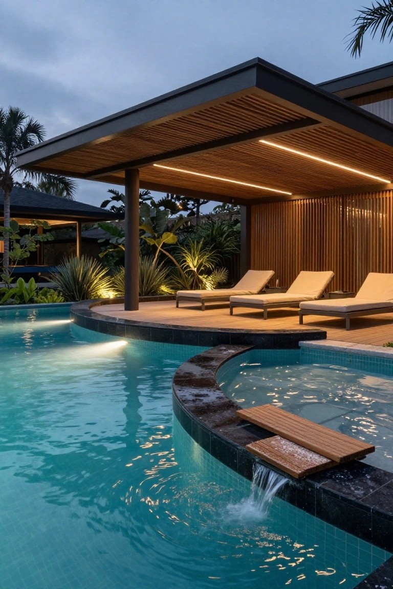 Curved turquoise pool with wooden deck and two beige loungers under slatted wooden pergola supported by black posts, surrounded by tropical plants and lit at dusk.