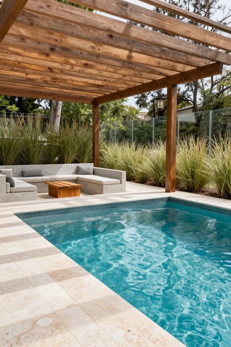 Wooden pergola covering L-shaped concrete seating next to a small rectangular pool with blue mosaic tiles, surrounded by tall ornamental grasses and glass panels on a stone deck.