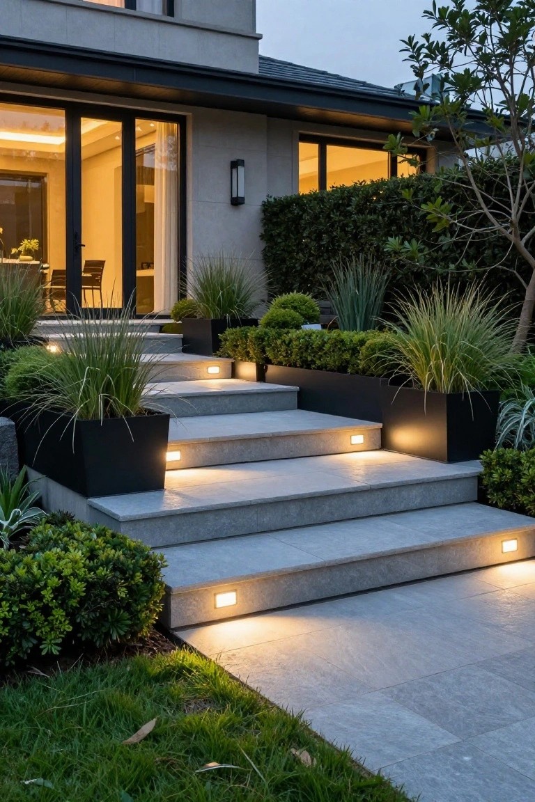 Modern house exterior with gray stone stairs leading to large glass doors, flanked by tall black rectangular planters containing ornamental grasses and shrubs, with recessed lights on each step at dusk.