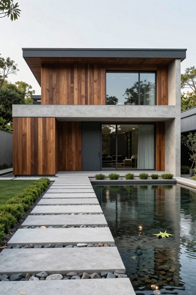 Modern two-story house with vertical wood cladding on parts of the facade, concrete accents, large windows, a concrete slab pathway with pebbles between slabs leading to the entrance, and a narrow rectangular reflecting pool alongside the path.