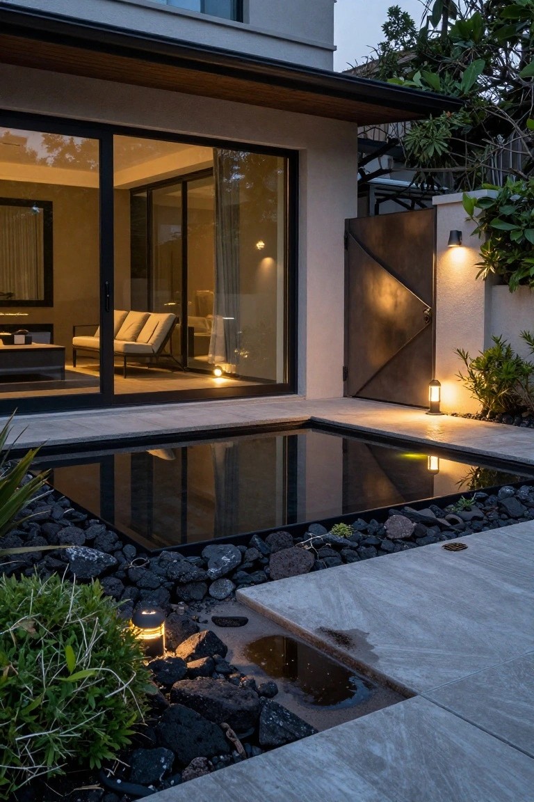 Modern home patio at dusk with a narrow rectangular reflecting pool edged in black rocks and plants, adjacent to sliding glass doors showing indoor furniture and lighting.