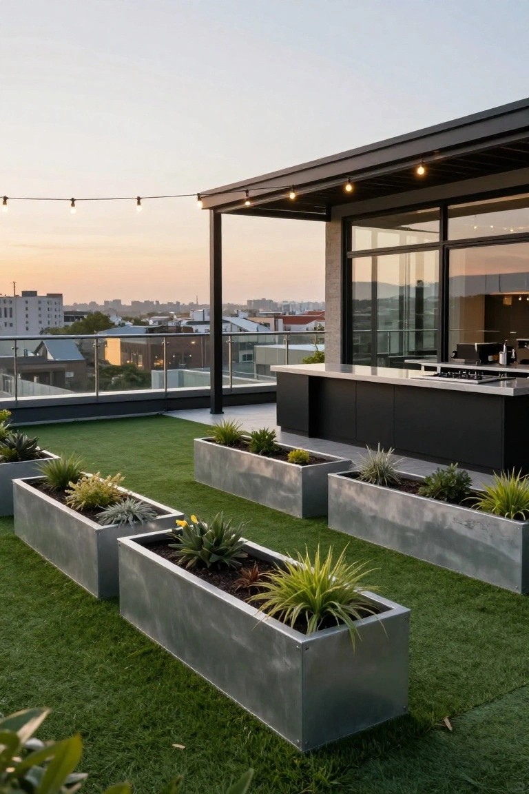 Rooftop terrace with artificial turf, rectangular gray metal planters holding succulents and grasses, black outdoor kitchen counter, glass walls, string lights, and city buildings at sunset.