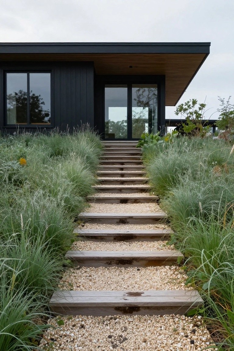 Black-clad modern house with wood overhang and large glass entry, reached by weathered wooden steps with gravel inlays surrounded by tall ornamental grasses on a slope
