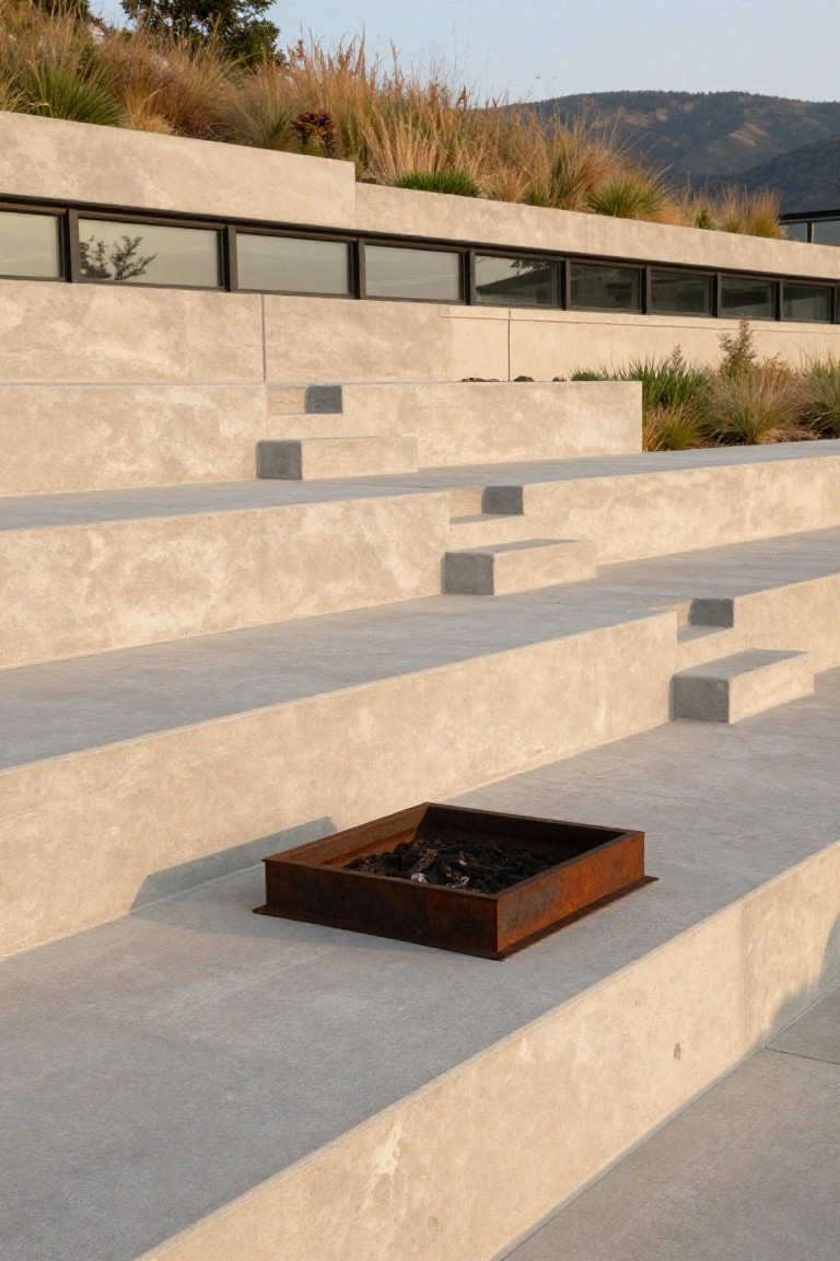 Wide concrete terraces with steps descending a grassy slope from a modern house featuring large windows, a square rusted metal fire pit on one terrace, native grasses, and distant mountains in evening light.
