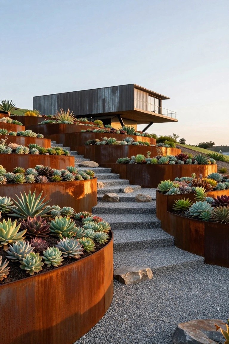 Modern building with tiered rusted planters of succulents beside gravel steps.
