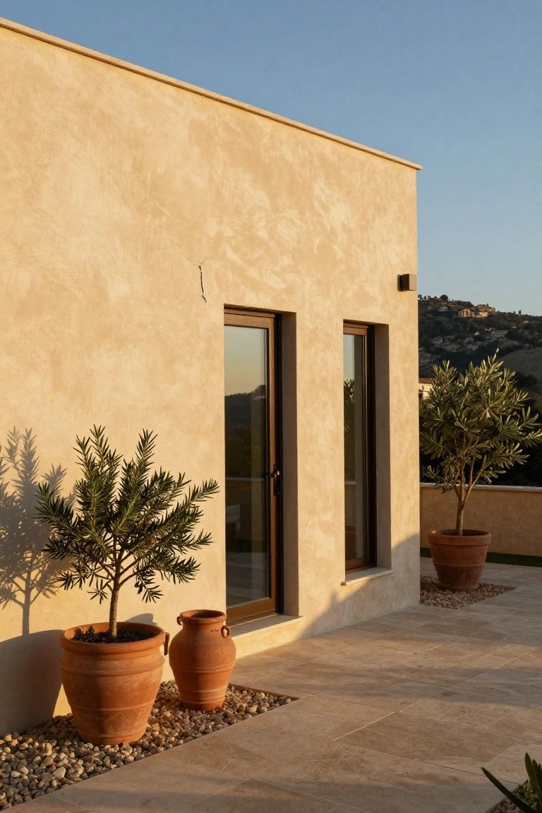 Beige stucco house corner featuring sliding glass doors flanked by large terracotta pots with olive trees on a travertine patio edged in pebbles, with hills in the background at sunset.