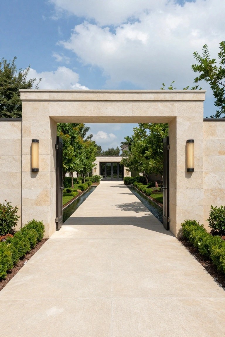 Open beige stone archway gate flanked by walls with lights, leading to long beige stone pathway parallel to narrow water channel lined by boxwood hedges and trees toward modern house facade.