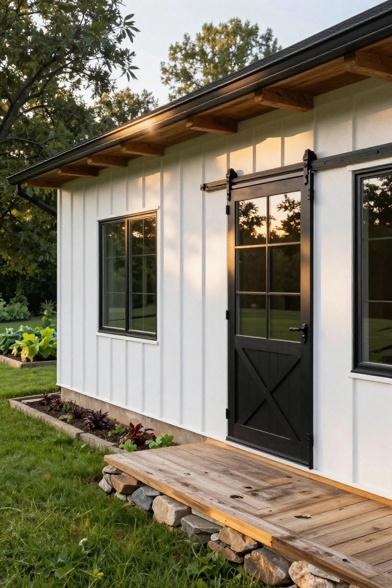 White board-and-batten siding on a small shed with black sliding barn door featuring glass panels and X bracing, black-framed windows, wooden deck on stone foundation, garden beds, and grass lawn.
