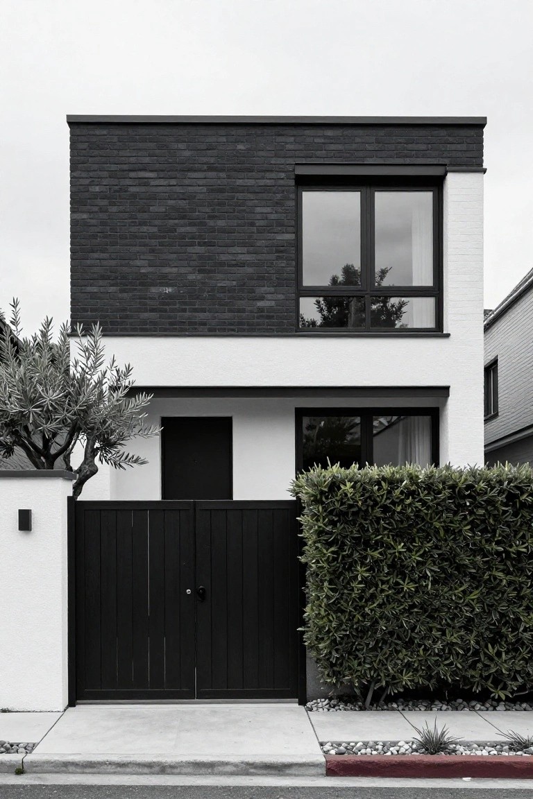 Two-story modern house exterior featuring black brick cladding on the upper left section, white stucco walls on the right and base, black-framed windows and door, black wooden front gate, olive tree, boxwood hedge, and pebble ground cover along the driveway.